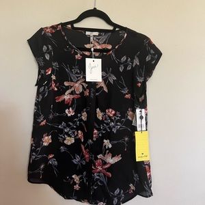 Joie 100% Silk Blouse Size S Black Floral Button Cap Sleeve